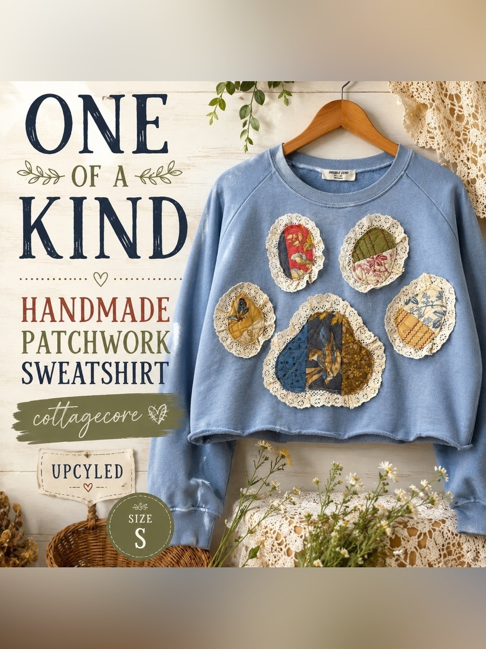 Upcycled Patchwork Lace Sweatshirt Cottagecore Boho Cropped Small - Picture 2 of 5